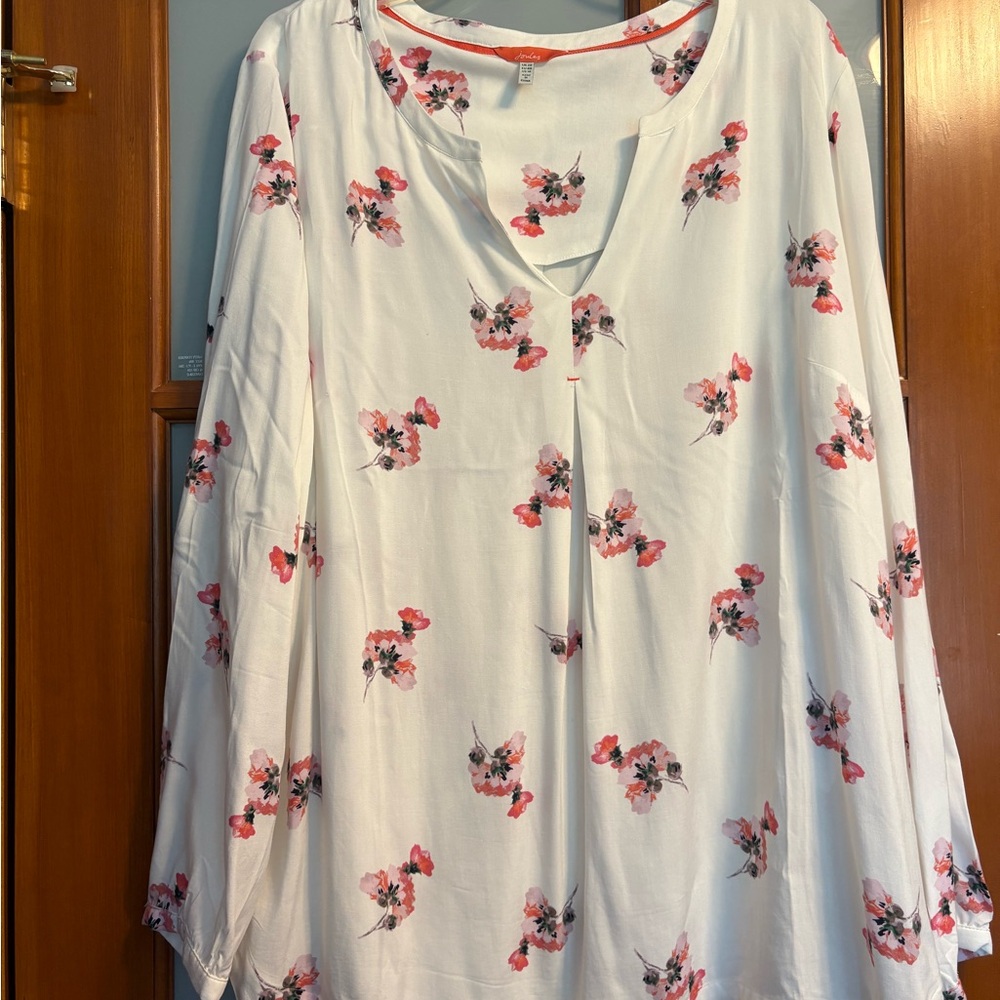 Joules White Blouse with Pink Floral Accents Size 16